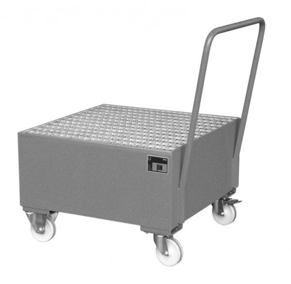 Fahrbare Auffangwanne aus Stahl S-2004 mausgrau RAL 7005 Auffangvolumen 203 Liter mit Gitterrost & Rollen Maße 800 x 800 x 615mm