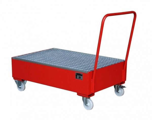 Fahrbare Auffangwanne S-2050-SR feuerrot RAL 3000 Auffangvolumen ca. 202 Liter mit Gitterrost & Rollen Maße 1800 x 800 x 430mm