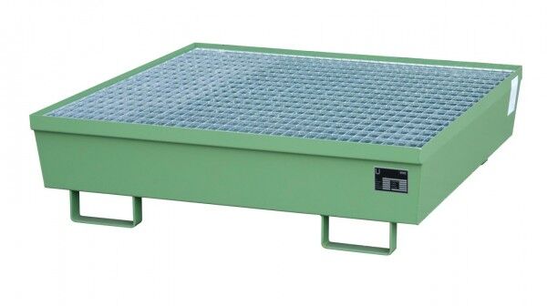 Auffangwanne aus Stahl AM-4/A resedagrün RAL 6011 Auffangvolumen 245 Liter mit Gitterrost Maße 1200 x 1200 x 335mm