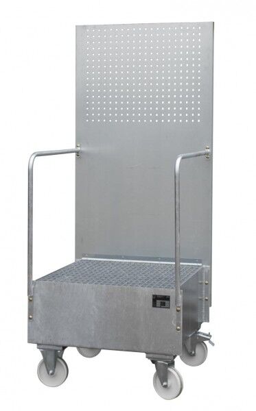 Fahrbare Auffangwanne Typ LPW-200-1 mit Lochplattenwand verzinkt Auffangvolumen 203 Liter mit Gitterrost Maße 870 x 890 x 2110mm