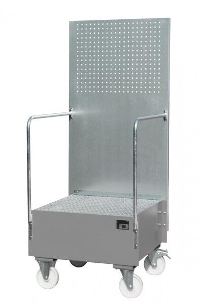 Fahrbare Auffangwanne Typ LPW-200-1 mit Lochplattenwand mausgrau RAL 7005 Auffangvolumen 203 Liter mit Gitterrost Maße 870 x 890 x 2110mm