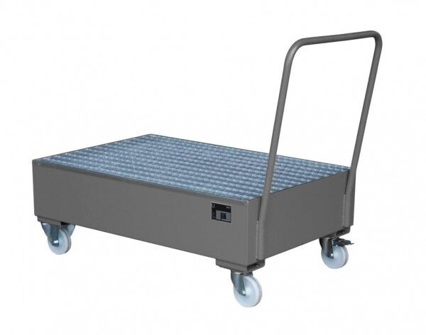 Fahrbare Auffangwanne S-2050-SR mausgrau RAL 7005 Auffangvolumen ca. 202 Liter mit Gitterrost & Rollen Maße 1800 x 800 x 430mm