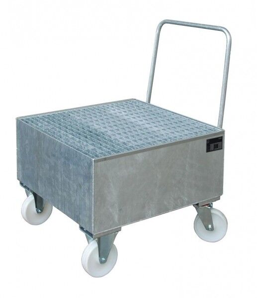 Fahrbare Auffangwanne aus Stahl S-2004 verzinkt Auffangvolumen 203 Liter mit Gitterrost & Rollen Maße 800 x 800 x 615mm