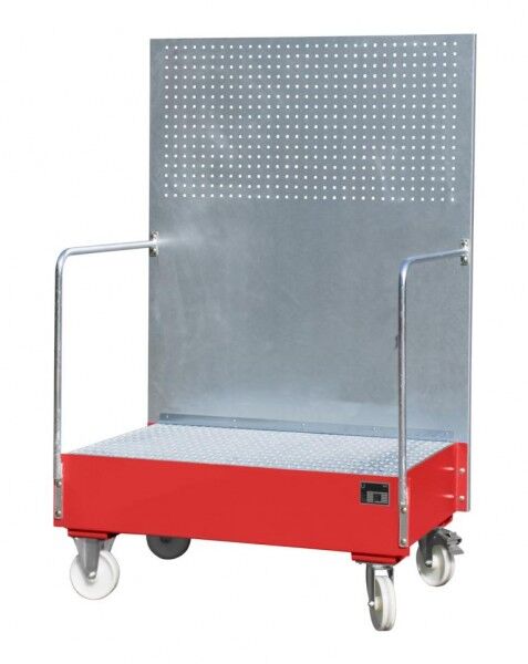 Fahrbare Auffangwanne Typ LPW-200-2 mit Lochplattenwand feuerrot RAL 3000 Auffangvolumen 215 Liter mit Gitterrost Maße 870 x 1290 x 2015mm