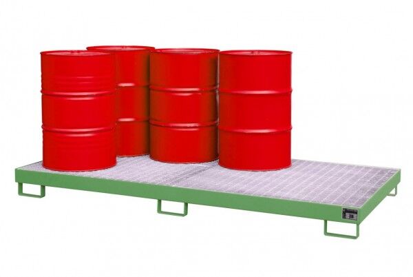 Auffangwanne aus Stahl AW-8 resedagrün RAL 6011 mit Gitterrost max. 8 200-l-Fässer Maße 2650 x 1300 x 210mm