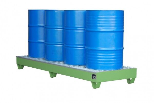 Auffangwanne aus Stahl S-2042 mit Gitterrost resedagrün RAL 6011 Auffangvolumen 241 Liter mit Gitterrost Maße 2400 x 800 x 250mm