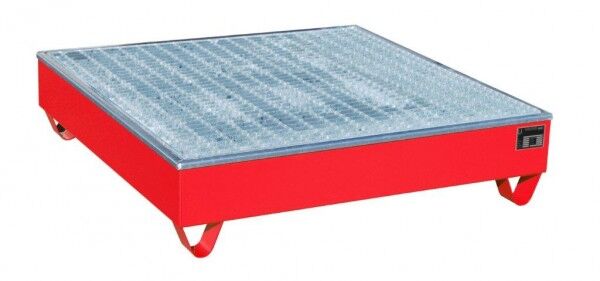 Auffangwanne aus Stahl AW-4/A/PE feuerrot RAL 3000 mit Gitterrost mit PE-Kunststoffeinsatz Maße 1212 x 1212 x 288mm