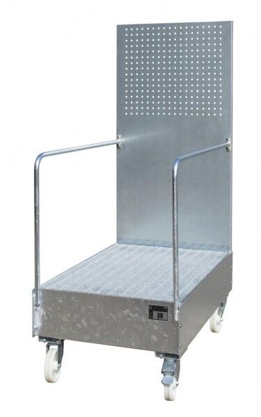 Fahrbare Auffangwanne Typ LPW-200-3 mit Lochplattenwand verzinkt Auffangvolumen 215 Liter mit Gitterrost Maße 1280 x 800 x 2015mm