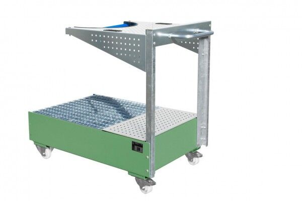 Fahrbare Auffangwanne Typ LPW-200-4 mit Lochplattenkonsole gelborange RAL 2000 Auffangvolumen 215 Liter